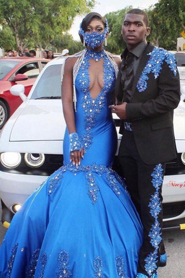 Blue Sexy V-Neck Mermaid Evening Gowns JTE041