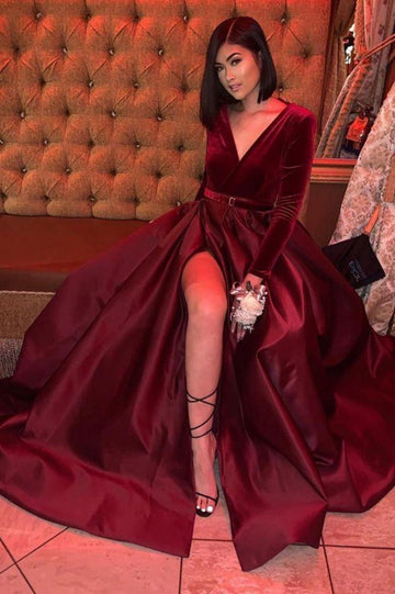 Dark Burgundy V-Neck Long Sleeve Evening Gown JTE042