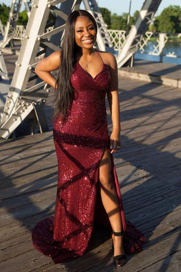 Plus Size Burgundy Glitter Sequin Straps Prom Dress JTE045