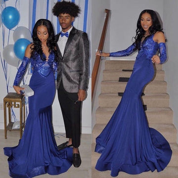 Long Sleeve Royal Blue Mermaid V-Neck Evening Gown JTE046