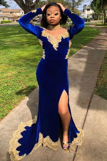 Plus Size Royal Blue Velvet Long Sleeves Mermaid Front Split Evening Gowns JTE047