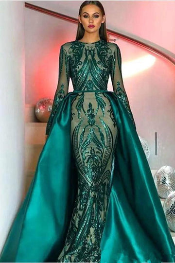 Dark Green Long Sleeve Mermaid Prom Gowns with Detachable Train JTE048