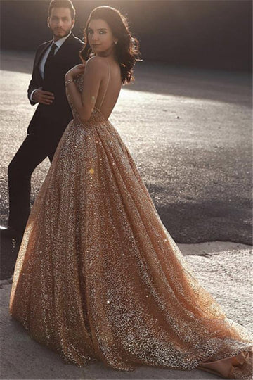Champagne Bling A-line Straps Prom Gown JTE055