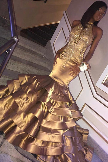 Gold Mermaid High Neck Ruffles Crystal Evening Gown JTE057