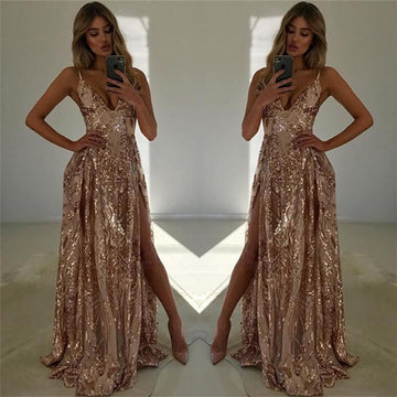 V-Neck Lace Straps Front Split A-Line Evening Gown JTE058