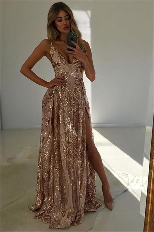 V-Neck Lace Straps Front Split A-Line Evening Gown JTE058