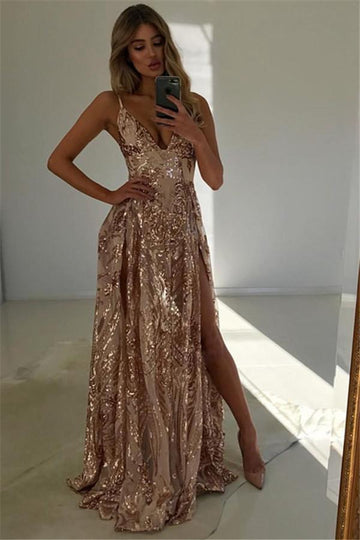 V-Neck Lace Straps Front Split A-Line Evening Gown JTE058