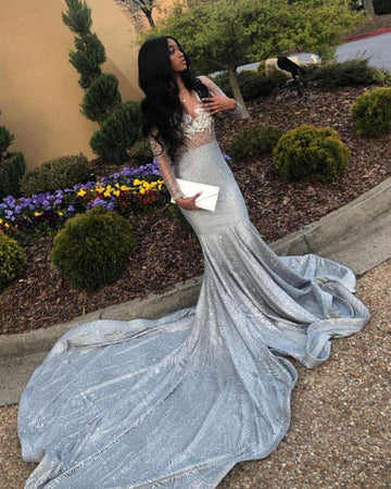 Light Blue Beading Appliques Long Sleeves Mermaid Evening Gown JTE063