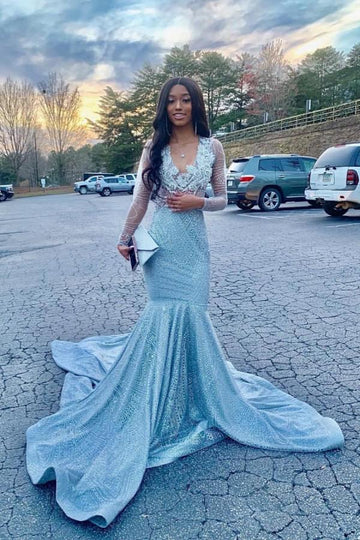 Light Blue Beading Appliques Long Sleeves Mermaid Evening Gown JTE063
