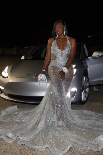 Silver Plus Size Bling Bling Halter Mermaid Evening Gown JTE064