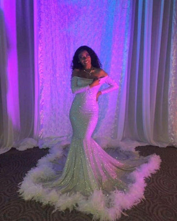 Silver Off The Shoulder Long Sleeve Mermaid Evening Gown JTE065