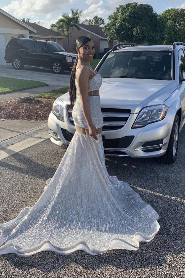 White Illusion Sweep Train Mermaid Evening Gown JTE066