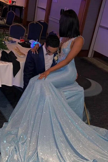 Light Blue Sexy V-neck Appliques Mermaid Evening Gown JTE067