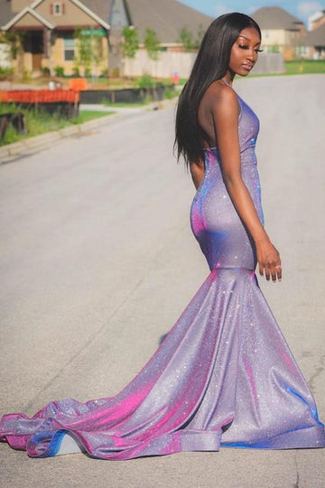 Purple V-neck Halter Long Train Mermaid Evening Gown JTE071