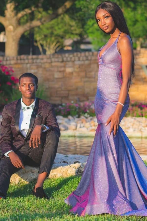 Purple V-neck Halter Long Train Mermaid Evening Gown JTE071