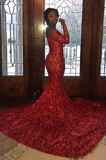 Charming Red Long Sleeve Lace Mermaid Off-the-Shoulder Evening Gown JTE072