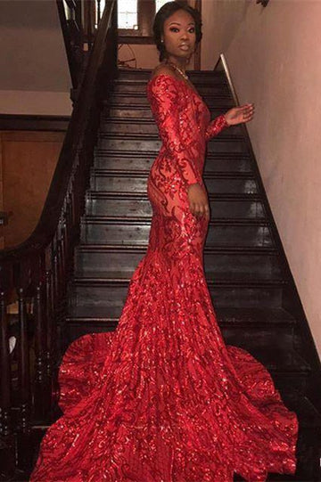 Charming Red Long Sleeve Lace Mermaid Off-the-Shoulder Evening Gown JTE072
