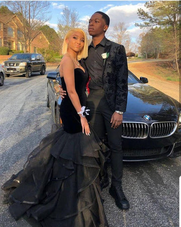 Black Sweetheart Ruffled Tulle Mermaid Prom Gown JTE075