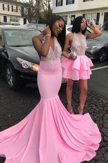Pink V-neck Halter Mermaid Prom Gown JTE076