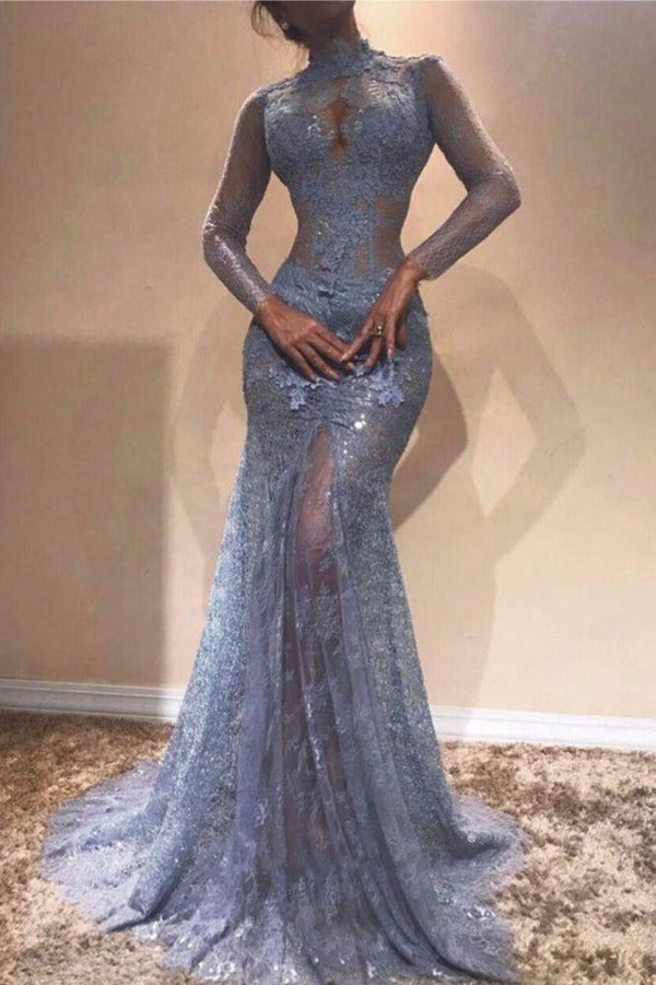 Dusty Blue Long Sleeve Lace Mermaid Evening Gown JTE077 Dusty Blue Long Sleeve Lace Mermaid Evening Gown JTE077