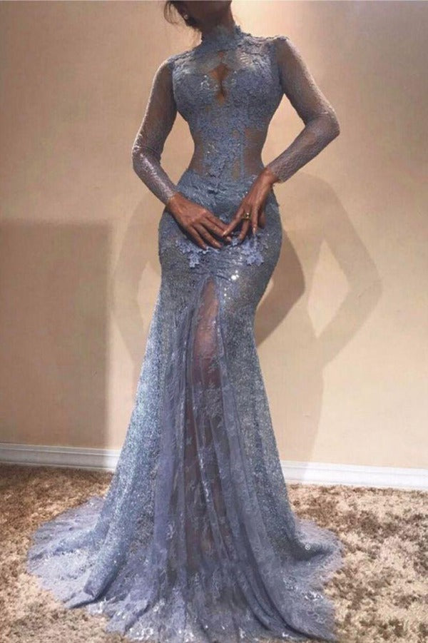 Dusty Blue Long Sleeve Lace Mermaid Evening Gown JTE077