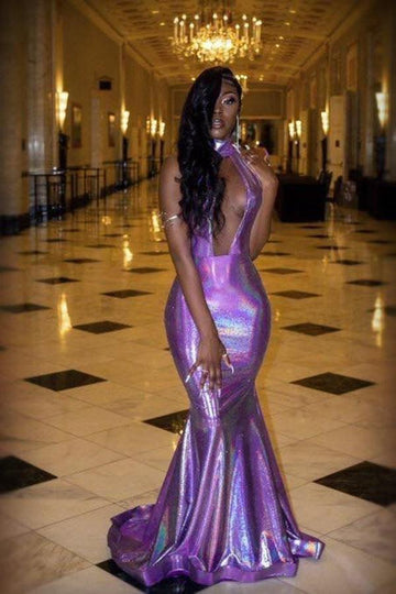 Purple High Neck Hollow Sexy Mermaid Evening Gown JTE078