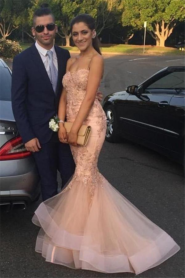 Pink Mermaid Lace Appliques Ruffled Evening Gown JTE079