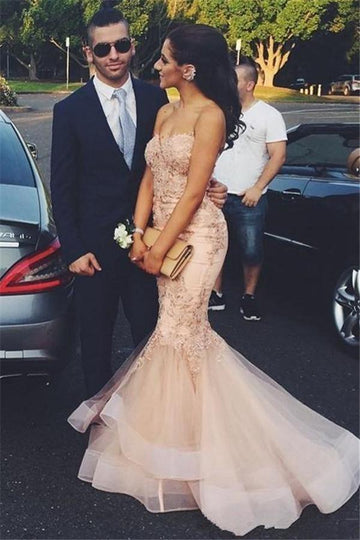 Pink Mermaid Lace Appliques Ruffled Evening Gown JTE079