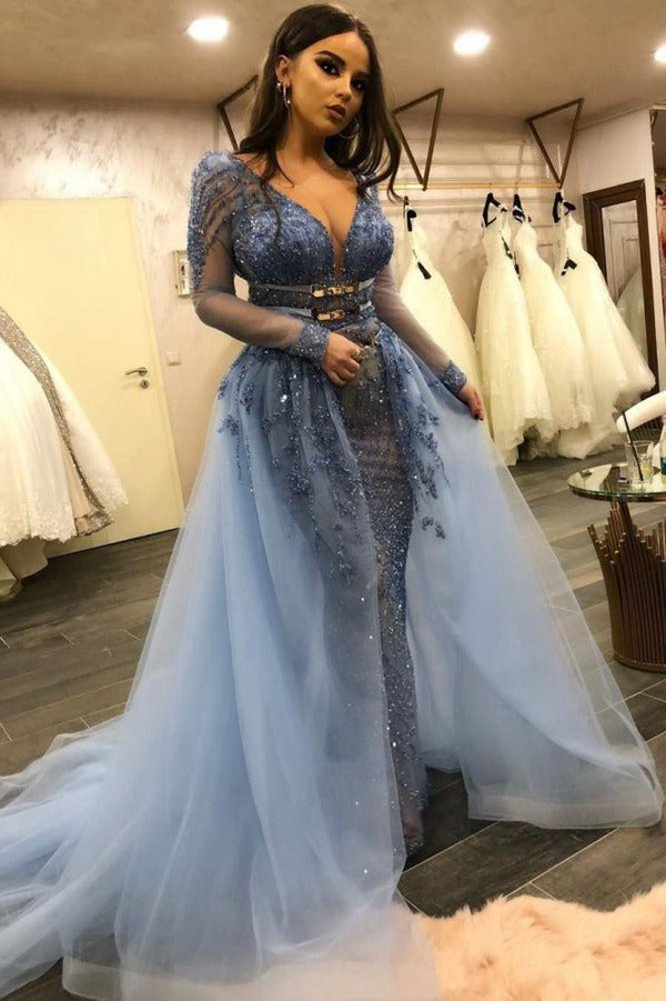 Dusty Blue Long Sleeve V-Neck Lace Beaded Mermaid Evening Gown JTE080