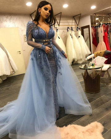 Dusty Blue Long Sleeve V-Neck Lace Beaded Mermaid Evening Gown JTE080