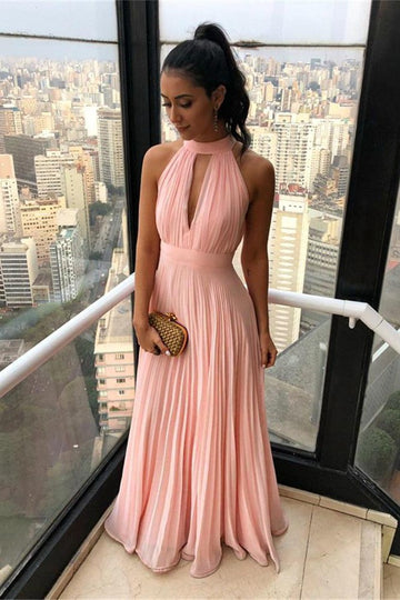 Pink High Neck Chiffon Keyhole Prom Gown JTE082