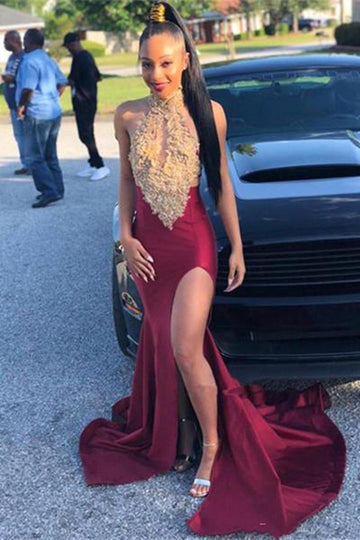 Halter Sexy Slit Dark Burgundy Mermaid Prom Gown JTE083