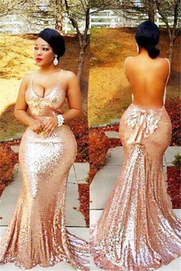 Plus Size Rose Gold Sequins Backless Mermaid Evening Gowns JTE086