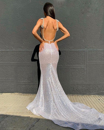 White Sexy Deep V-neck Sparkling Mermaid Court Train Evening Gowns JTE087