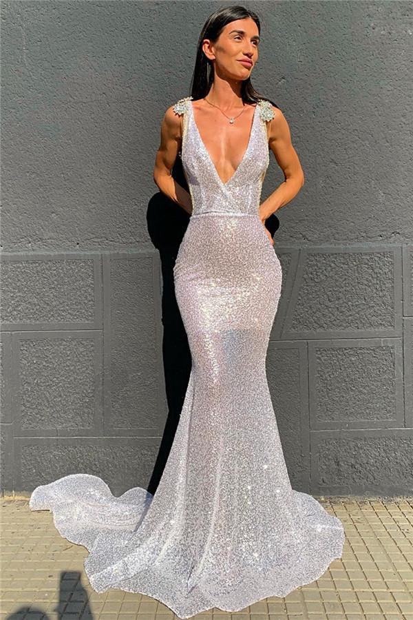 White Sexy Deep V-neck Sparkling Mermaid Court Train Evening Gowns JTE087
