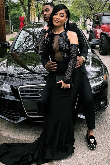 Black Long Sleeve Beading Mermaid Evening Gowns JTE089