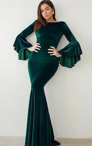 Dark Green Velvet Flare Long Sleeve Mermaid Evening Gowns JTE091