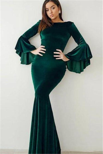 Dark Green Velvet Flare Long Sleeve Mermaid Evening Gowns JTE091