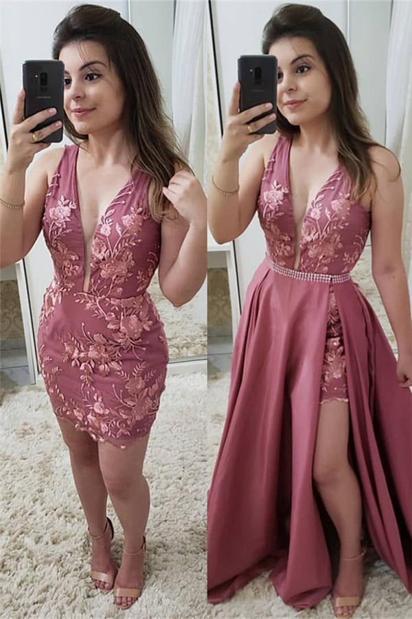 Short Lace A-line V-neck Prom Dress JTE095