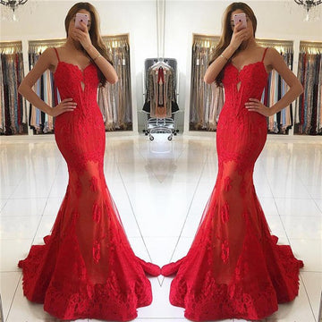 Red Lace Straps Mermaid Evening Gown JTE096