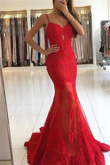 Red Lace Straps Mermaid Evening Gown JTE096