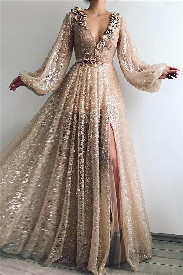 Long Sleeve V Neck Slit Evening Gown JTE099
