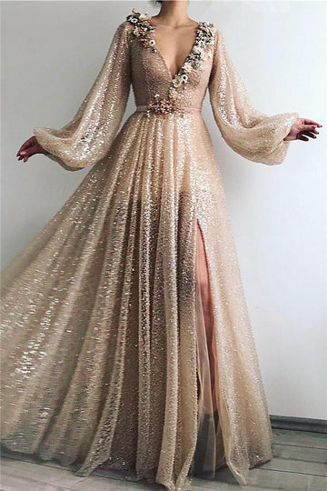 Long Sleeve V Neck Slit Evening Gown JTE099