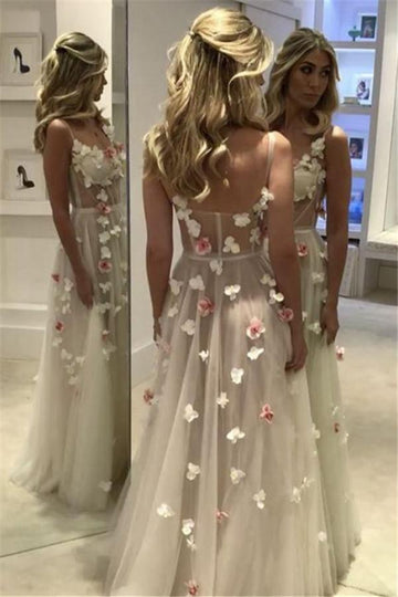 Straps White Flowers Corset Illusion Prom Dress JTE104