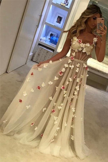 Straps White Flowers Corset Illusion Prom Dress JTE104