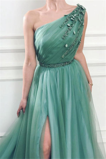 Sea Green Appliques One-Shoulder Slit Tulle Prom Dress JTE108