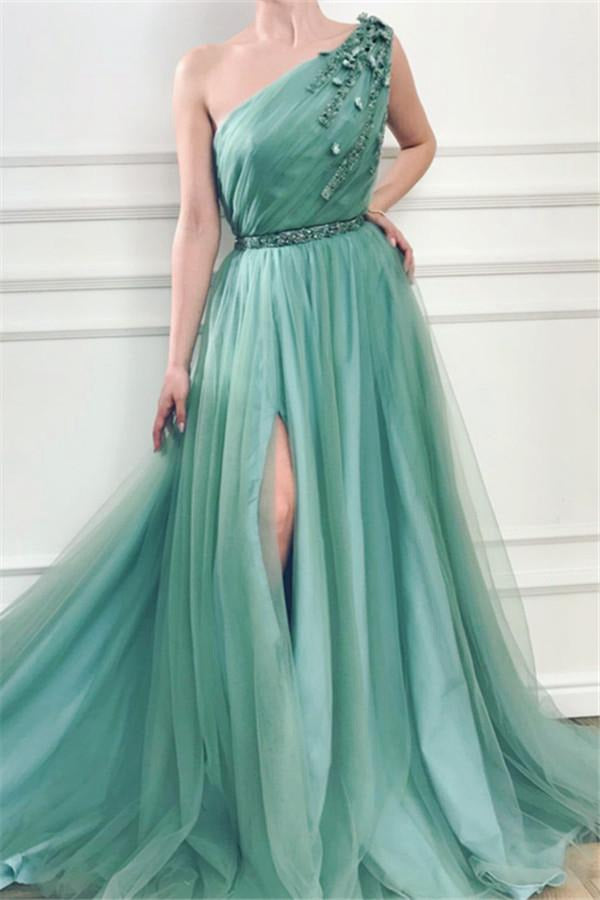 Sea Green Appliques One-Shoulder Slit Tulle Prom Dress JTE108