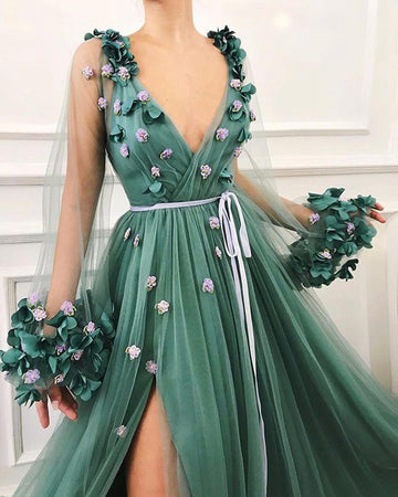 Dusty Green Long Sleeve A-Line Prom Gowns JTE110