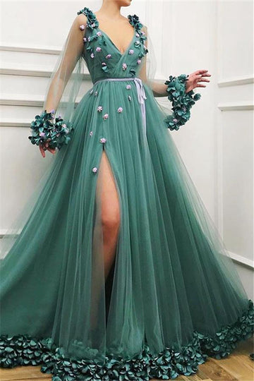 Dusty Green Long Sleeve A-Line Prom Gowns JTE110