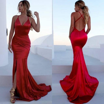 Red V-neck Straps Satin Mermaid Slit Evening Gowns JTE112